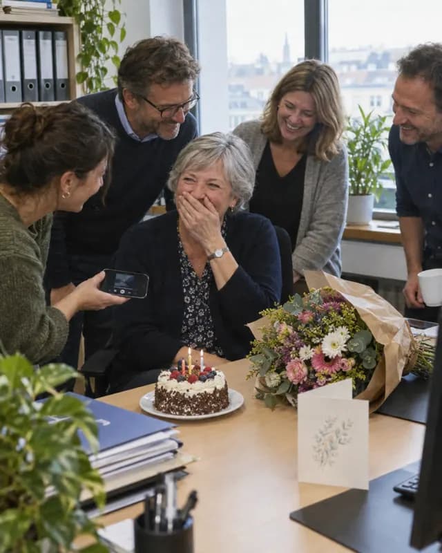 Eine ältere Frau sitzt im Büro vor einer Torte und Blumen, ihre Kolleg:innen stehen um sie herum und spielen ihr etwas auf dem Handy vor
